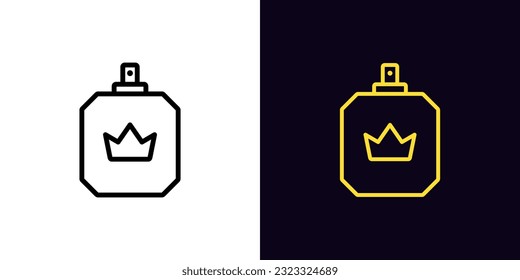 Outline royal perfume icon, with editable stroke. Parfum bottle with crown sign, premium perfume water. King fragrance, royal flavor, luxury perfumery, parfum water, great scent and odor. Vector icon