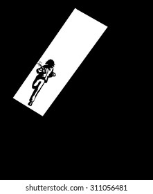 Outline of running man with dagger in hallway