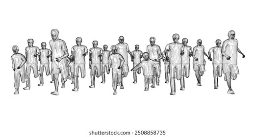 Contorno de pessoas correndo de linhas pretas isoladas no fundo branco. Homens, mulheres e crianças correndo. Vista frontal. Ilustração vetorial.