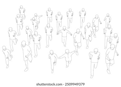 Outline of running people from black lines isolated on white background. Men, women and children running. Front view. Vector illustration.