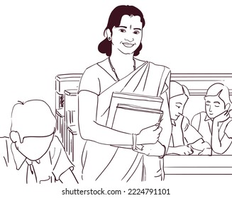 outline of Rural indian teacher standing in class, smiling and confident indian women teacher. line art