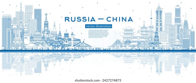 Outline Russia and China skyline with blue buildings and reflections. Famous landmarks. Vector illustration. China and Russia concept. Diplomatic relations between countries.