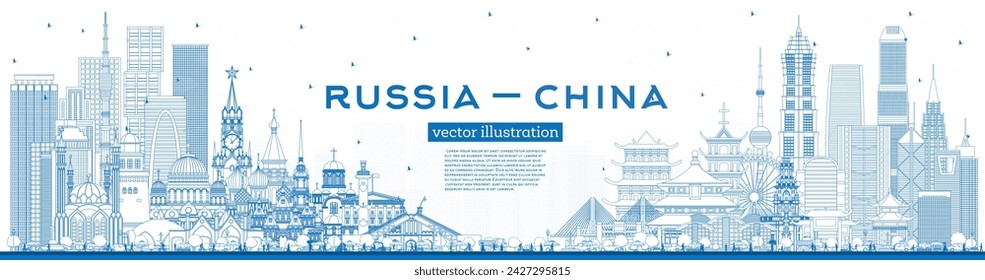Outline Russia and China skyline with blue buildings. Famous landmarks. Vector illustration. China and Russia concept. Diplomatic relations between countries.