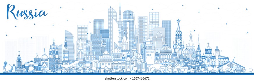 Outline Russia City Skyline with Blue Buildings. Vector Illustration. Tourism Concept with Historic Architecture. Russia Cityscape with Landmarks. Moscow. Saint Petersburg. Yekaterinburg.