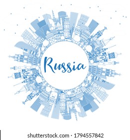 Outline Russia City Skyline with Blue Buildings and Copy Space. Vector Illustration. Tourism Concept with Historic Architecture. Russia Cityscape with Landmarks. Moscow. Saint Petersburg.