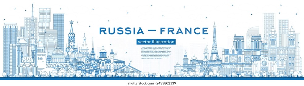 Outline Russia and France skyline with blue buildings. Famous landmarks. Vector illustration. France and Russia concept. Diplomatic relations between countries.