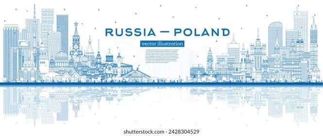Outline Russia and Poland skyline with blue buildings and reflections. Famous landmarks. Vector illustration. Poland and Russia concept. Diplomatic relations between countries.