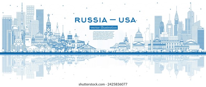 Outline Russia and USA skyline with blue buildings. Famous landmarks. Vector illustration. USA and Russia concept. Diplomatic relations between countries.