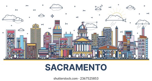 Outline Sacramento California city skyline with colored modern and historic buildings isolated on white. Vector illustration. Sacramento USA cityscape with landmarks.