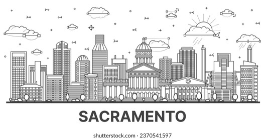 Outline Sacramento California city skyline with modern and historic buildings isolated on white. Vector illustration. Sacramento USA cityscape with landmarks.