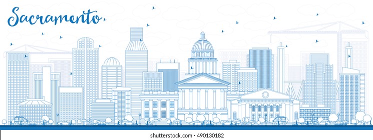 Outline Sacramento Skyline with Blue Buildings. Vector Illustration. Business Travel and Tourism Concept with Modern Architecture. Image for Presentation Banner Placard and Web Site.