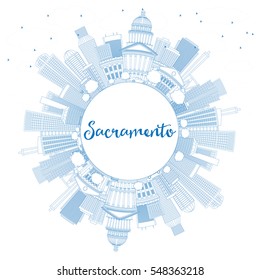 Outline Sacramento Skyline with Blue Buildings and Copy Space. Vector Illustration. Business Travel and Tourism Concept with Modern Architecture. Image for Presentation Banner Placard and Web Site.