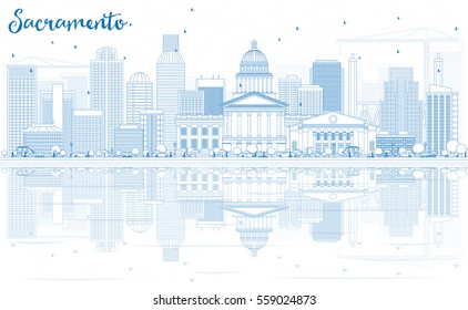 Outline Sacramento Skyline with Blue Buildings and Reflections. Vector illustration. Business Travel and Tourism Concept with Modern Architecture. Image for Presentation Banner Placard and Web Site.