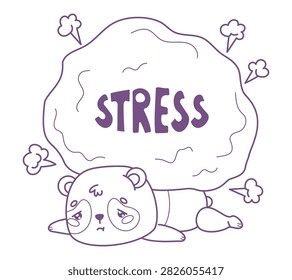 Outline Sad Kawaii Panda Lying Crushed By Heavy Boulder With Stress Text. Emotional Burnout And Mental Pressure. Tired Unhappy Bear Character. Line drawing, coloring page. Vector Illustration