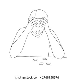 Outline sad man counts his money from piggy piggy bank. Bankruptcy and unemployment concept. A man or woman is thinking about finances. vector illustration