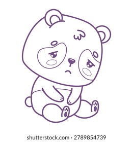 Outline Sad Panda Bear Sitting. Small Kawaii Cartoon Animal Depression Loneliness And Emotional Burnout. Line drawing, coloring page book. Vector illustration. Kids collection