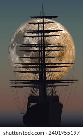 The outline of a sailing ship against the background of the moon. Vector illustration. Sketch for creativity.