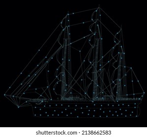 The outline of a sailing ship made of blue lines with glowing lights isolated on a dark background. Side view. Vector illustration