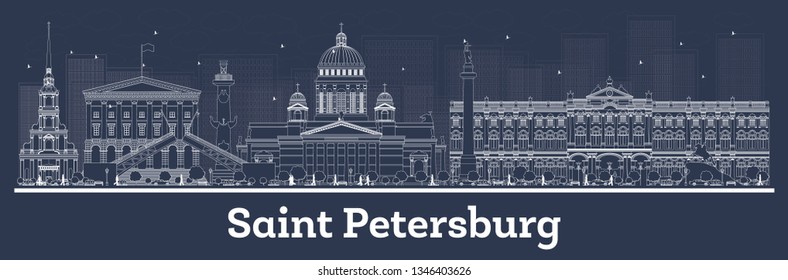 Outline Saint Petersburg Russia City Skyline with White Buildings. Vector Illustration. Business Travel and Concept with Modern Architecture. Saint Petersburg Cityscape with Landmarks.