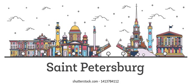 Outline Saint Petersburg Russia City Skyline with Color Buildings Isolated on White. Vector Illustration. Saint Petersburg Cityscape with Landmarks.