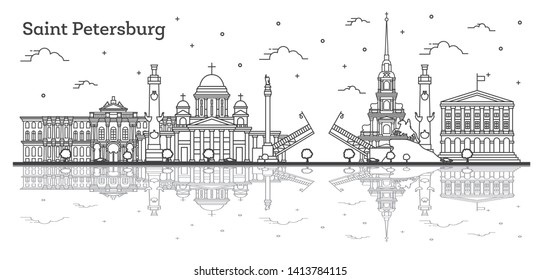 Outline Saint Petersburg Russia City Skyline with Historic Buildings and Reflections Isolated on White. Vector Illustration. Saint Petersburg Cityscape with Landmarks.