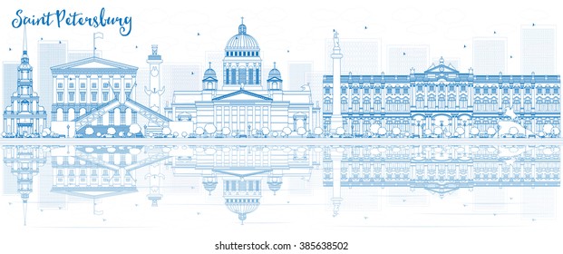 Skyline von Sankt Petersburg mit blauen Gebäuden und Reflexen.  Vektorgrafik. Business Reise- und Tourismuskonzept mit Platz für Text. Bild für Präsentation, Banner, Plakatwand und Website