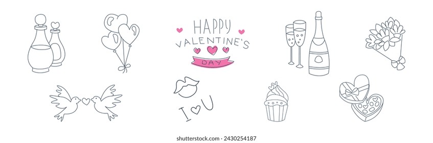 Outline Saint Valentine Day Object and Symbols Vector Set