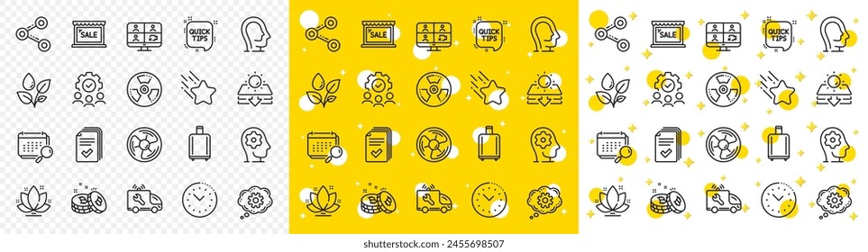 Outline Sale, Handout and Cogwheel line icons pack for web with Baggage reclaim, Video conference, Air fan line icon. Share, Psychology, Quick tips pictogram icon. Car service. Vector