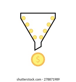 outline sales funnel with rolling coins. concept of social network, e-commerce, plan, economy trick. isolated on white background. flat style trend modern thin line logo design vector illustration