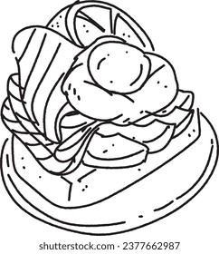 salmón y huevo en tostada aguacate para el desayuno. vector de doodle fresco aislado sobre fondo transparente.