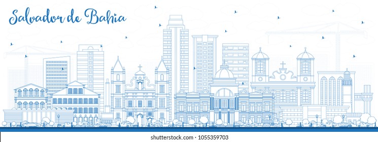 Outline Salvador de Bahia City Skyline with Blue Buildings. Vector Illustration. Business Travel and Tourism Concept with Historic Architecture. Salvador de Bahia Cityscape with Landmarks.