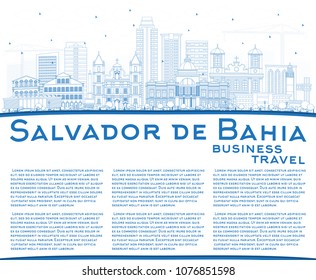 Outline Salvador de Bahia City Skyline with Blue Buildings and Copy Space. Vector Illustration. Travel and Tourism Concept with Historic Architecture. Salvador de Bahia Cityscape with Landmarks.