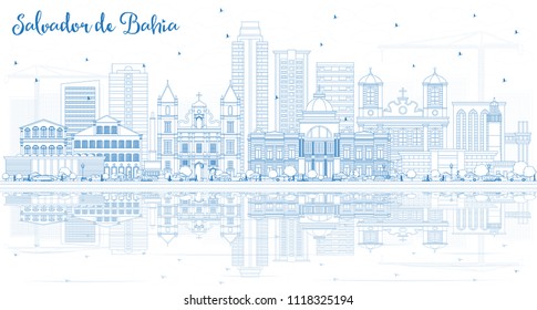 Outline Salvador de Bahia City Skyline with Blue Buildings and Reflections. Vector Illustration. Travel and Tourism Concept with Historic Architecture. Salvador de Bahia Cityscape with Landmarks.