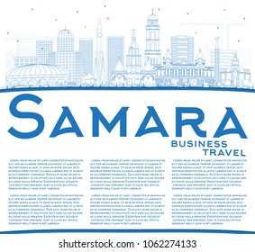 Outline Samara Russia City Skyline with Blue Buildings and Copy Space. Vector Illustration. Business Travel and Tourism Concept with Modern Architecture. Samara Cityscape with Landmarks.