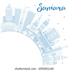 Outline Samara Russia City Skyline with Blue Buildings and Copy Space. Vector Illustration. Business Travel and Tourism Concept with Modern Architecture. Samara Cityscape with Landmarks.