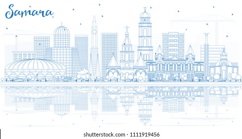 Outline Samara Russia City Skyline with Blue Buildings and Reflections. Vector Illustration. Business Travel and Tourism Concept with Modern Architecture. Samara Cityscape with Landmarks.