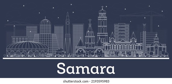 Outline Samara Russia City Skyline with White Buildings. Vector Illustration. Business Travel and Tourism Concept with Modern Architecture. Samara Cityscape with Landmarks.