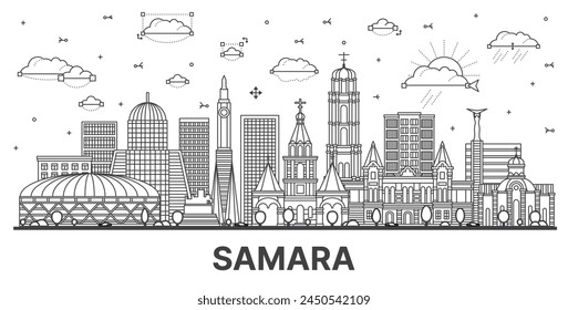 Outline Samara Russia city skyline with modern and historic buildings isolated on white. Vector illustration. Samara cityscape with landmarks.