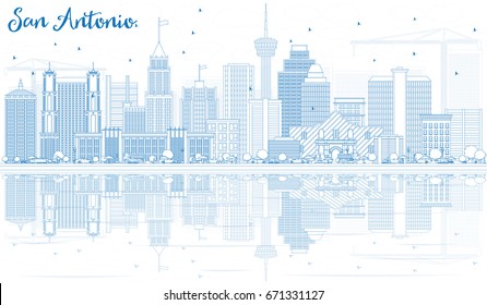 Outline San Antonio Skyline with Blue Buildings and Reflections. Vector Illustration. Business Travel and Tourism Concept with Modern Architecture. Image for Presentation Banner Placard and Web Site.