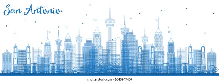 Outline San Antonio USA City Skyline with Blue Buildings. Vector Illustration. Business Travel and Tourism Concept with Modern Architecture. San Antonio Cityscape with Landmarks.