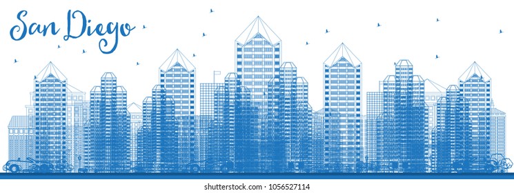 Outline San Diego California USA City Skyline with Blue Buildings. Vector Illustration. Business Travel and Tourism Concept with Modern Architecture. San Diego Cityscape with Landmarks.