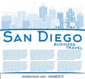 Outline San Diego Skyline with Blue Buildings and Copy Space. Vector Illustration. Business Travel and Tourism Concept with Modern Architecture. Image for Presentation Banner Placard and Web Site.