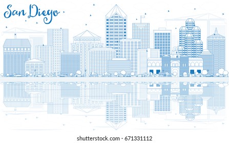 Outline San Diego Skyline with Blue Buildings and Reflections. Vector Illustration. Business Travel and Tourism Concept with Modern Architecture. Image for Presentation Banner Placard and Web Site.