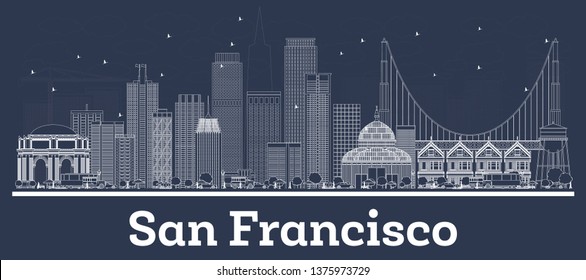 Outline San Francisco California City Skyline with White Buildings. Vector Illustration. Business Travel and Concept with Modern Architecture. San Francisco Cityscape with Landmarks.