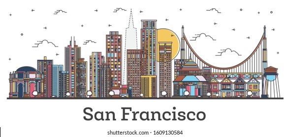 Outline San Francisco California City Skyline with Color Buildings Isolated on White. Vector Illustration. San Francisco USA Cityscape with Landmarks. 