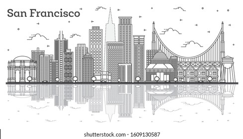 Outline San Francisco California City Skyline with Modern Buildings and Reflections Isolated on White. Vector Illustration. San Francisco USA Cityscape with Landmarks. 
