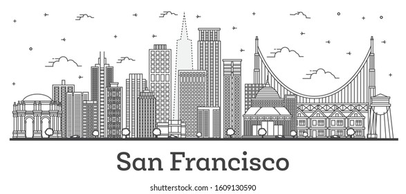 Outline San Francisco California City Skyline with Modern Buildings Isolated on White. Vector Illustration. San Francisco USA Cityscape with Landmarks. 