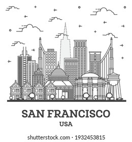 Outline San Francisco California City Skyline with Modern Buildings Isolated on White. Vector Illustration. San Francisco USA Cityscape with Landmarks. 