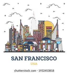 Outline San Francisco California City Skyline with Colored Modern Buildings Isolated on White. Vector Illustration. San Francisco USA Cityscape with Landmarks. 