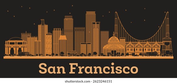 Outline San Francisco California City Skyline with orange Buildings. Vector Illustration. Business Travel and Concept with Modern Architecture. San Francisco Cityscape with Landmarks.